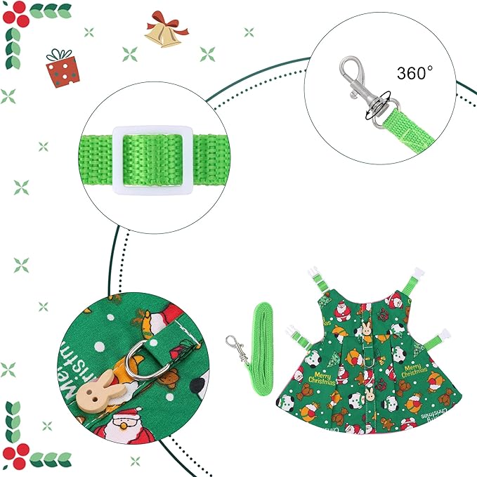 Adjustable Christmas Rabbit Harness and Leash Set, Small Animal Christmas Costume Bunny Clothes Santa Snowman Pattern Outfit for Ferret Guinea Pig Rabbit Bunny Hamster(Green/M)