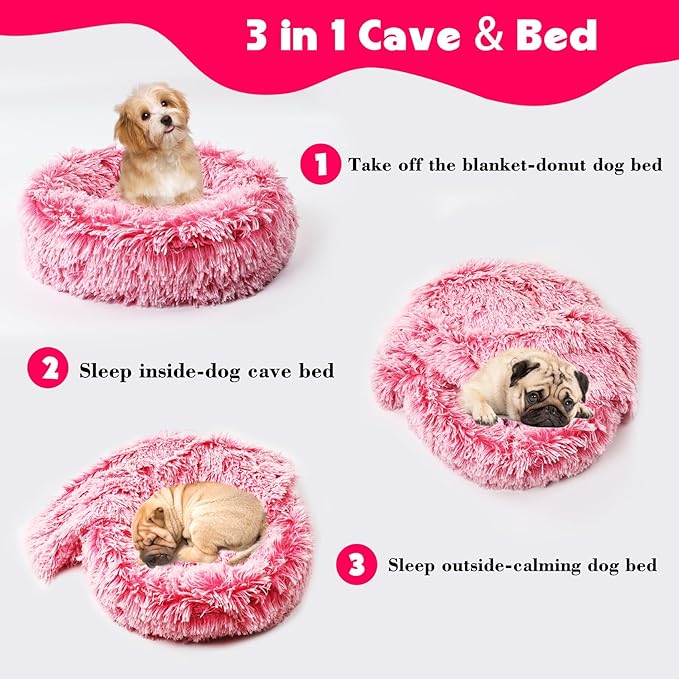 3in1 Dog Beds for Small Dogs with Blanket Attached and Removable Cover, Fluffy Donut Calming Cat Beds Washable Round(Pink,Small)