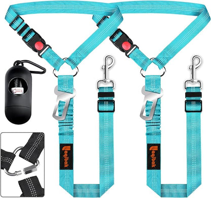 Removable Dog Seat Belts Harness for Car, 3 in 1 Pet Dog Car Seatbelt Leash, laqibak Restraint Secures to Headrest and Reflective Effect Adjustable Bungee Dog Seatbelt Tether, 2PCS and Poop Bag Holder