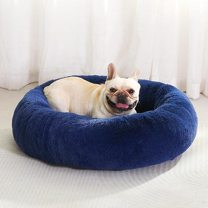 30" Calming Dog Bed with Removable Cover,Anti Anxiety Donut Dog Bed,Plush Round Pet Beds for Medium Dogs,Fluffy Faux Fur Dog Bed,Washable Cuddler Dog Bed(Dark Blue,Medium)