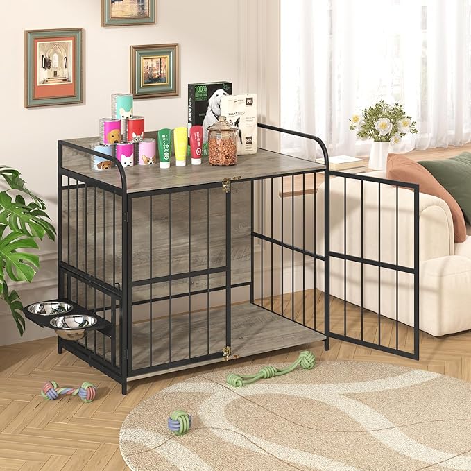 NicBex Dog Crate Furniture Dog Cage with 2 Adjustable Feeding Bowls