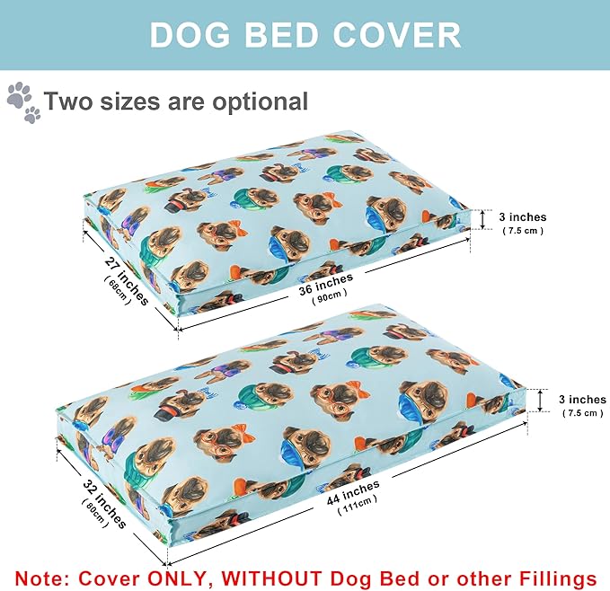 Dog Bed Cover, Waterproof Dog Bed Replacement Cover with Zipper, Oxford Removable Pet Bed Mattress Protector for Outdoor Use, 36Lx27Wx3H in, Bed Cover Only, Bulldogs in Hats Pattern