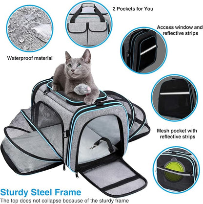 Airline Approved Pet Carrier, Large Soft Sided Pet Travel TSA Carrier 4 Sides Expandable Cat Collapsible Carrier with Removable Fleece Pad and Pockets for Cats Dogs and Small Animals