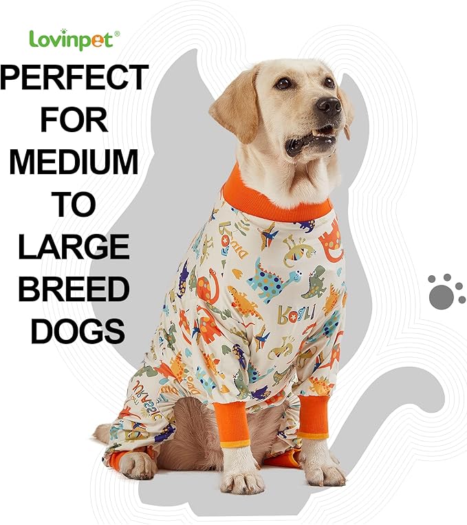 LovinPet Big Dog Onesie, Large Dog Pajamas, Anti Licking, Post Surgery Recovery Dog Clothes, Large Dog Jammies,Lightweight Stretch Jersey Knit Jurassic Blue Prints Dog Clothing, UV Protection/Large