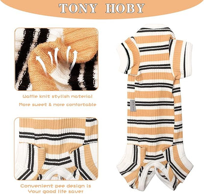 TONY HOBY Dog Pajamas, Dog Jumpsuit Pajamas with Brown Stripe, Dog Female 4 Legged Pajamas for Small Medium Dog (Brown, Girl, M)