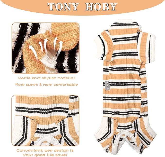 TONY HOBY Dog Pajamas, Dog Jumpsuit Pajamas with Brown Stripe, Dog Female 4 Legged Pajamas for Small Medium Dog (Brown, Girl, L)