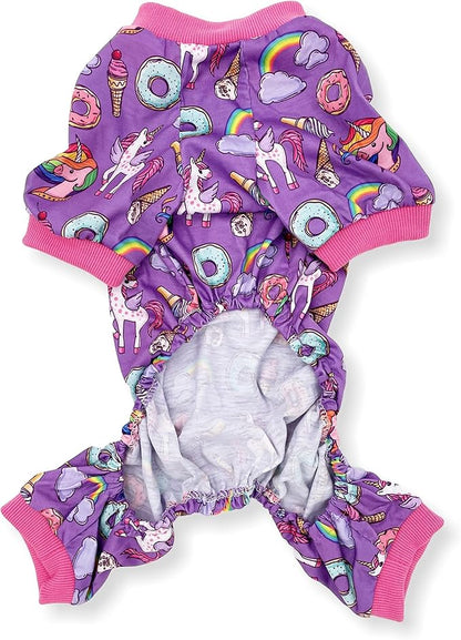 Dog Pajamas Soft COTTON Blend Jumpsuit Cute Pet Clothes for Small Medium Pet (Lavender Unicorns, XS: Length 10", Chest 12" - 16")