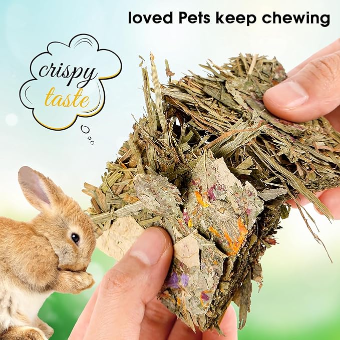 Abizoo Rabbit Natural Treats,10Pcs Timothy Hay Toys Chips Bunny chew Toys with Herbal Flowers Guinea Pig Treats for Hamster Chinchillas Gerbils Rats Small Animals Teeth Care Crisp Snacks