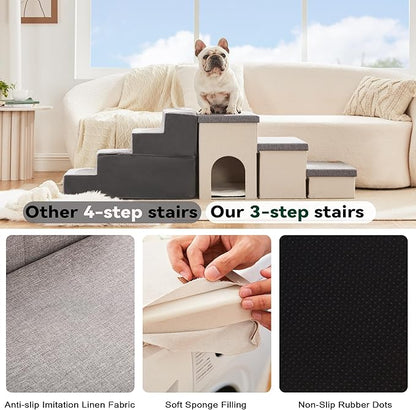 Love's cabin Dog Stairs for Small Medium or Large Dogs with Storage and Condo Couch,3-Step Gray 200 lbs,Beige+Grey