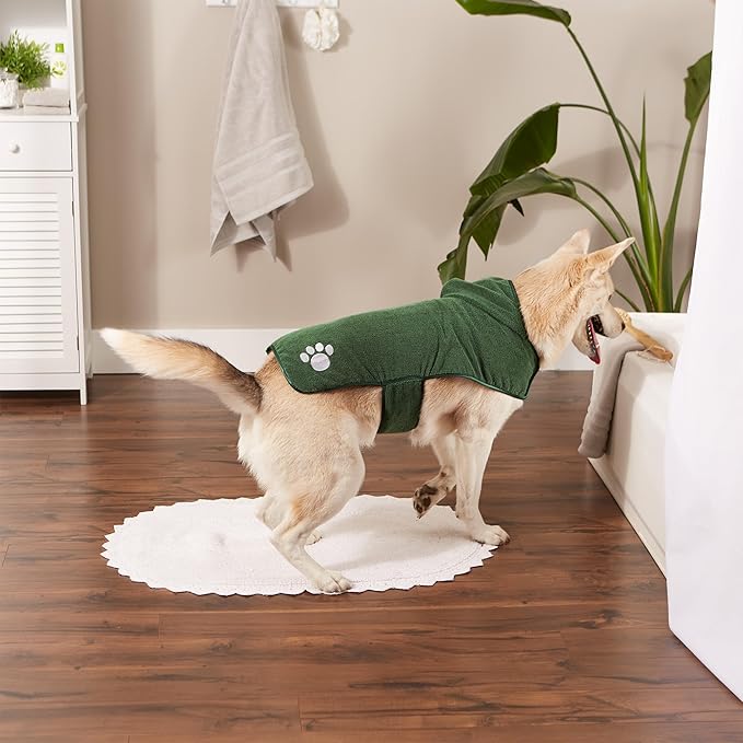 Bone Dry Pet Robe Collection Embroidered Absorbent Microfiber Bath Robe with Adjustable Closure, for Dogs & Cats, Large, Hunter Green