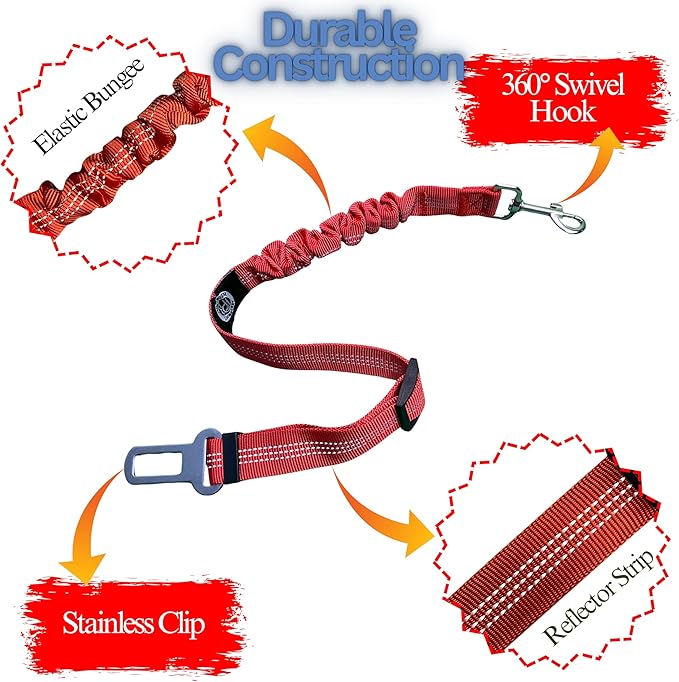 Reflective 2 in 1 Dog Cat Seat Belt Stretchable, Expandable Harness Leash and Headrest Collar Accessary for Vehicle, Pet Safety, Nylon, Heavy Duty and Elastic (Red)