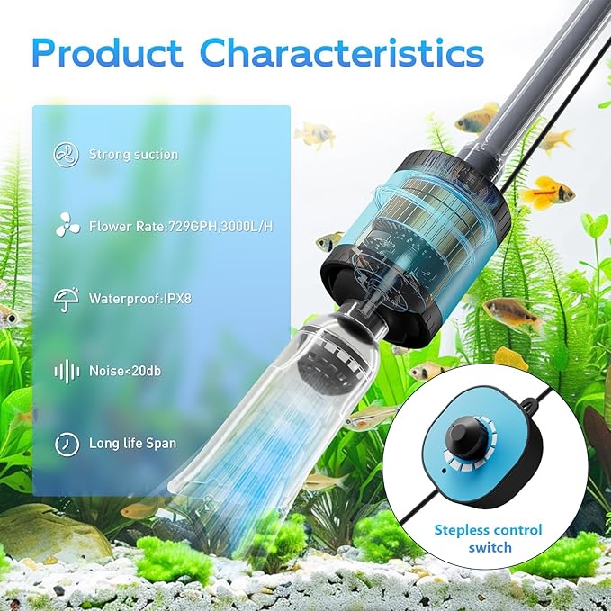 Electric Aquarium Gravel Cleaner, Multifunction Fish Tank Cleaner, 6 in 1 Fish Tank Cleaning Tools, Automatic Aquarium Vacuum Gravel Cleaner Set for Change Water, Wash Sand, Water Circulation