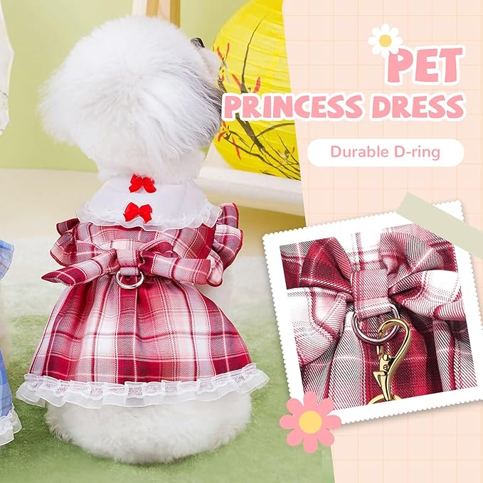 Plaid Dog Dress for Small Dogs Cats Bowknot Girl Dog Clothes with D-Ring Cute Princess Pet Puppy Dresses Spring Summer Pet Outfits for Chihuahua Yorkies Shih Tzu（Red