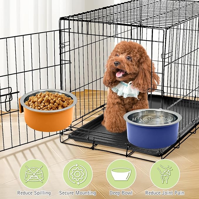 Tfwadmx 6 Pcs Crate Dog Bowl Cat Removable Stainless Steel Food and Water Feeder Hanging Cage Bowls Coop Cup with Cleaning Set for Pet Puppy Bird Rat Guinea Pig Ferret Bunny Rabbit