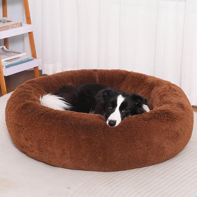 36" Calming Dog Bed with Removable Cover,Anti Anxiety Donut Dog Bed,Plush Round Pet Beds for Large Dogs,Fluffy Faux Fur Dog Bed,Washable Cuddler Dog Bed(Brown,Large)