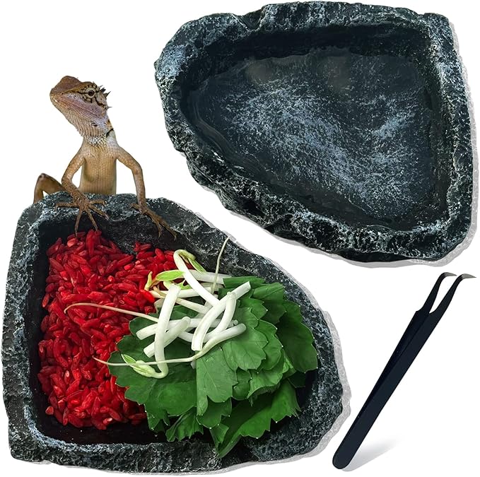 2 Pack Reptile Water Dish - Reptile Water and Food Bowls with Tongs Imitating Natural Rock，Breadworm Feeding for Leopard Gecko Lizard Spider Scorpion Chameleon (2Pcs Square Type)