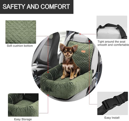 X AUTOHAUX Car Dog Bed Cat Seats Booster Seat Flannel Puppy Bed Back Car Dog Seat Travel Safety Carseat/Carrier Washable Cover with Seat Belt for Medium Small Sized 5-15 lb Green