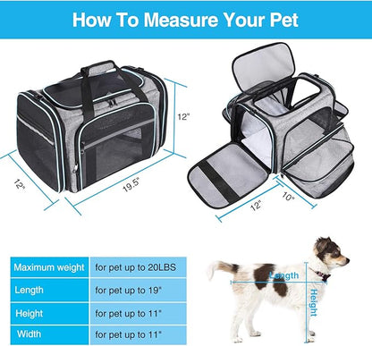 Airline Approved Portable Pet Carrier 2 Sides Expandable Soft-Sided Large Cats Carrier Collapsible Kennel Travel TSA Carrier 4 Doors with Removable Pads and 3 Pockets for Puppy Small Dogs