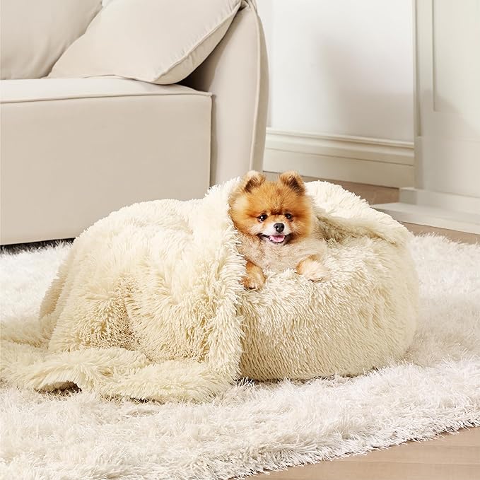 Bedsure Waterproof Dog Blankets for Small Dogs - Calming Cat Blanket for Couch Protector Washable, Long Faux Fur Pet Throw Blanket for Puppy, Reversible Furniture Protection, 25"x35",Cream