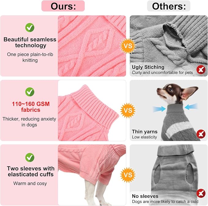 BEAUTYZOO Small Dog Sweater, Dog Sweatshirt Pullover Cable Knitwear, Classic Turtleneck Thick Cold Weather Dog Clothes for Small Medium Dogs Puppy Girl Boys Chihuahua, Bulldog, Dachshund, Pug, Yorkie