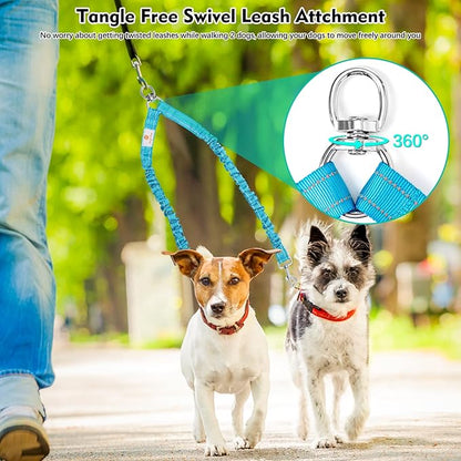 Tangle Free BungeeX2 Double Dog Leash Coupler 360° Swivel Leash|0-30lbs|, Comfortable 2 Dogs