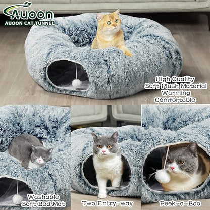 AUOON Cat Tunnel Bed with Central Mat,Big Tube Playground Toys,Soft Plush Material,Full Moon Shape for Kitten,Cat,Puppy,Rabbit,Ferret (Gray)