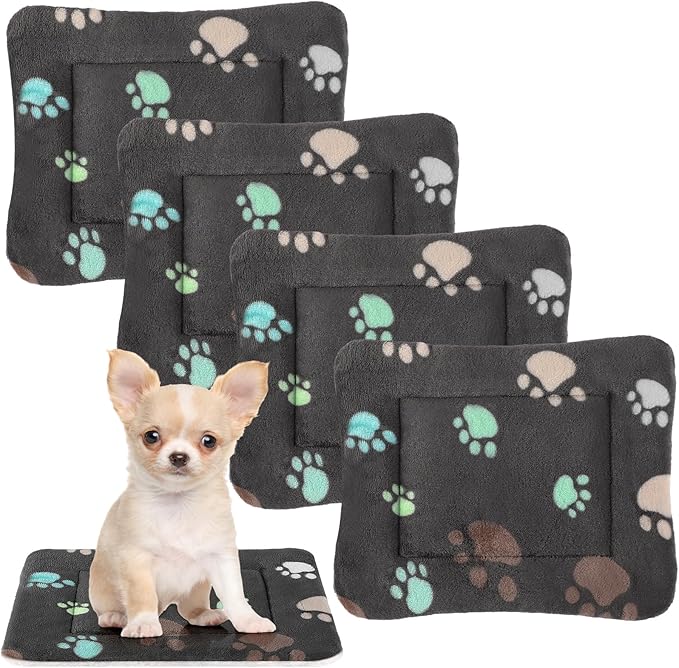 4 Pack Ultra Soft Dog Cat Bed Mat with Cute Prints Reversible Fleece Dog Crate Kennel Pad Cozy Washable Thickened Hamster Guinea Pig Bed Pet Bed Mat for Small Animals (Black,13 x 19 Inches)