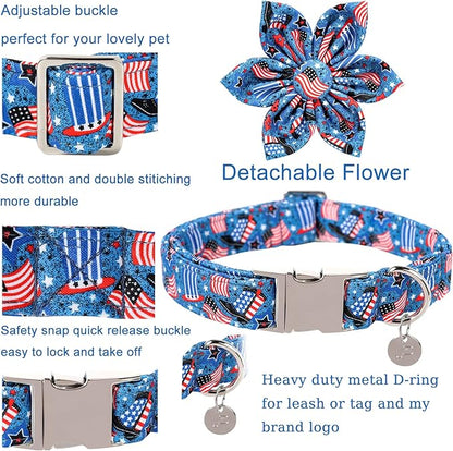 Patriotic Dog Collar with Flower 4th of 13.5-22in