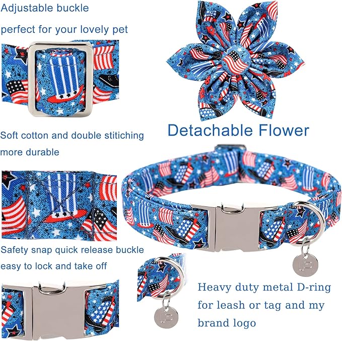 Patriotic Dog Collar with Flower 4th of 10-16in