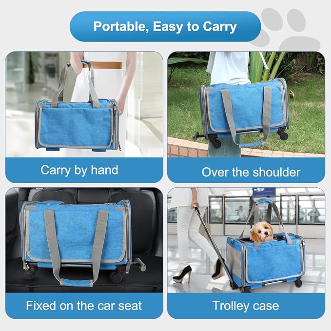 Airline Approved Expandable Premium Pet Carrier on Wheels, Designed for Dogs & Cats for Up to 25 LBS(Upgrade Material-Sponge Filling) with Telescoping Handle for Walking Travel Vet Visits