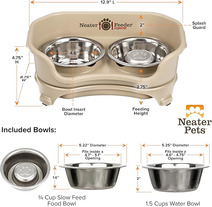 Neater Feeder - Express Model w/Slow Feed Bowl - Mess-Proof Dog Bowls (Small, Almond) Made in USA – Elevated, No Spill, Non-Tip, Non-Slip, Raised Stainless Steel Food/Water Pet Bowls Aid Digestion