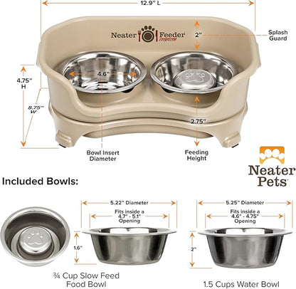 Neater Feeder - Express Model w/Slow Feed Bowl - Mess-Proof Dog Bowls (Small, Almond) Made in USA – Elevated, No Spill, Non-Tip, Non-Slip, Raised Stainless Steel Food/Water Pet Bowls Aid Digestion