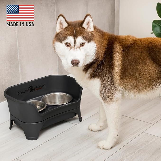 Neater Feeder - Express Model w/Niner 9 Peak Slow Feed Bowl - Mess-Proof Dog Bowls (M/L, Black) - Made in USA – Elevated, No Spill, Non-Tip, Non-Slip, Raised Food/Water Pet Bowls Aid Digestion