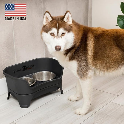 Neater Feeder - Express Model w/Niner 9 Peak Slow Feed Bowl - Mess-Proof Dog Bowls (M/L, Black) - Made in USA – Elevated, No Spill, Non-Tip, Non-Slip, Raised Food/Water Pet Bowls Aid Digestion