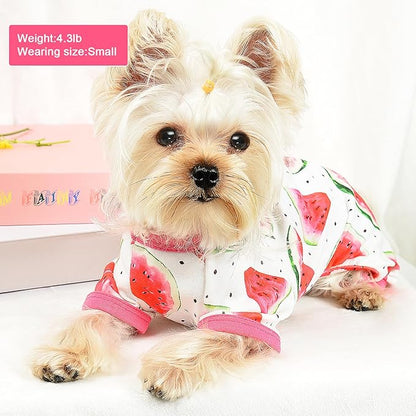 Soft Stretch Pet Clothes Dog Pajamas for Small Dogs Boy Girl Cute Puppy Clothes Dog Pjs Summer Dog Jammies Onesies Dog Outfits for Chihuahua Yorkie Teacup Cat Apparel Clothing (Small, Watermelon)