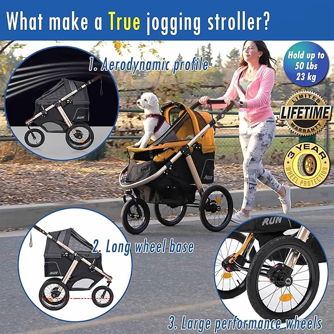 HPZ Pet Rover Run Performance Jogging Sports Stroller with Comfort Rubber Wheels/Zipper-Less Entry/1-Hand Quick Fold/Aluminum Frame for Small/Medium Dogs
