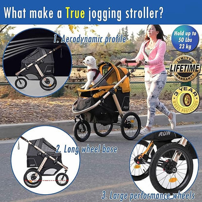 HPZ Pet Rover Run Performance Jogging Sports Stroller with Comfort Rubber Wheels/Zipper-Less Entry/1-Hand Quick Fold/Aluminum Frame for Small/Medium Dogs