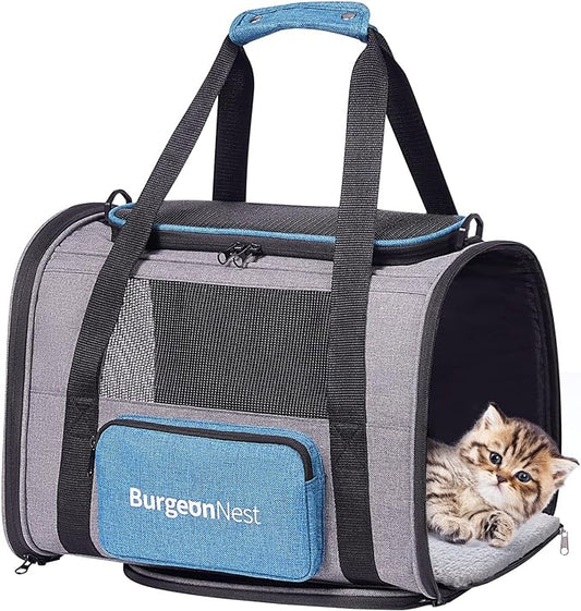 BurgeonNest Cat Carriers for Small Cats Under 15, Small Pet Carrier with Unique Side Bag,Top Load Small Animal Carrier Soft-Sided Escape Proof with 4 Ventilated Windows