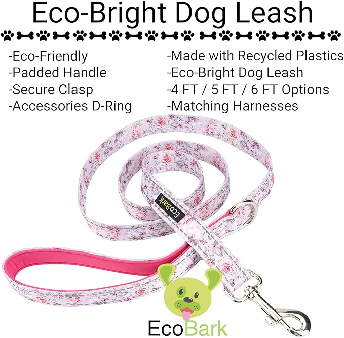 EcoBark Dog Leash - 4 FT / 5 FT / 6 FT Reflective Dog Leash- Eco-Bright Dog Leashes with Padded Handle - Strong Heavy Duty Dog Leash - Nylon Dog Leash for Medium and Large Dogs (Floral Dog Harness)