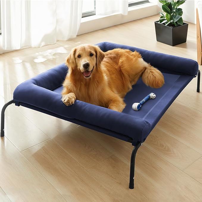 WESTERN HOME WH Elevated Dog Bed Cot, Raised Outdoor Dog Bed with Bolster for Large Dogs, Slightly Chew Proof Portable Cooling Pet Cot with Breathable Mesh, Skid-Resistant Feet, Blue, 36 inches