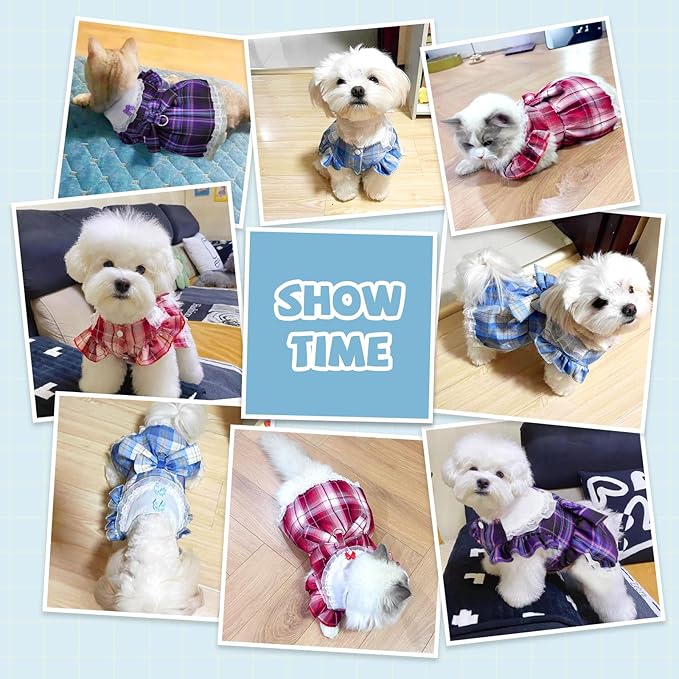 Plaid Dog Dress for Small Dogs Cats Bowknot Girl Dog Clothes with D-Ring Cute Princess Pet Puppy Dresses Spring Summer Pet Outfits for Chihuahua Yorkies Shih Tzu（Blue
