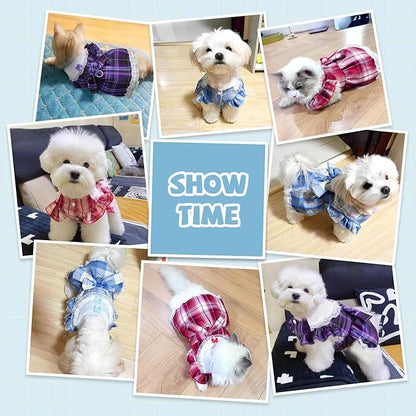 Plaid Dog Dress for Small Dogs Cats Bowknot Girl Dog Clothes with D-Ring Cute Princess Pet Puppy Dresses Spring Summer Pet Outfits for Chihuahua Yorkies Shih Tzu（Blue
