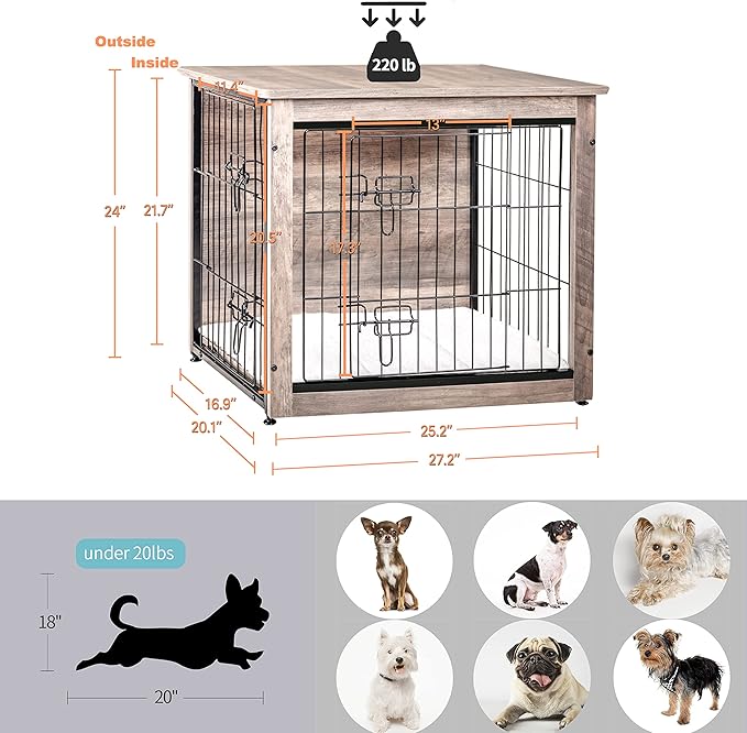 DWANTON Dog Crate Furniture with Cushion 27.2" L,