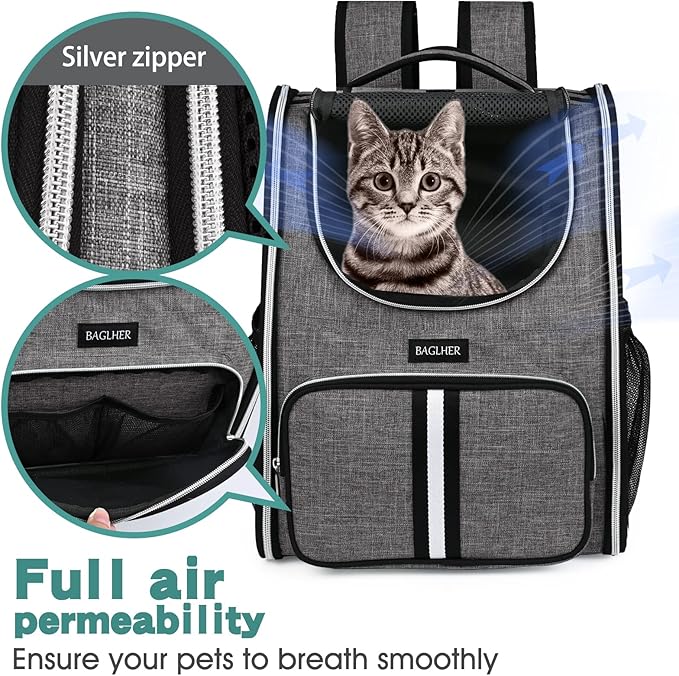 BAGLHER Pet Carrier Backpack, Ventilated Design, Pet Travel Backpack with Comfortable Shoulder Straps, Thicker Bottom Support, Two-Way Entrance Pet Carrier Backpack, Grey