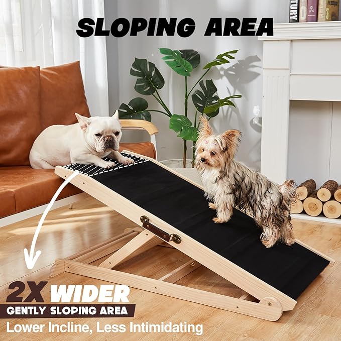 Woohoo Dog Ramp for Bed- 18" Extra Wide - Non-Slip Rubber Surface - Folding Wooden Pet Ramp for Bed and Couch - Dog Ramp for Large, Small, Old Dogs - Adjustable from 13" to 24" - Rated for 250LBS