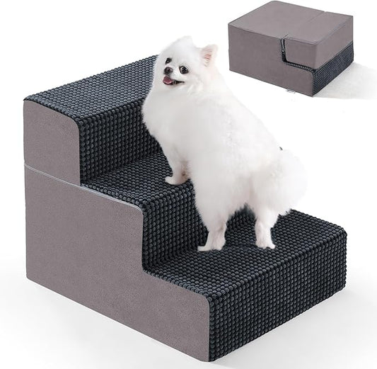 3-Step Dog Stairs, 13.5'' H Dog Stairs for Small Dogs for Bed Couch and Sofa, Non-Slip Bottom Pet Stairs for Small Dogs and Cats, Indoor Pet Steps Dog Ramp for Bed, Grey