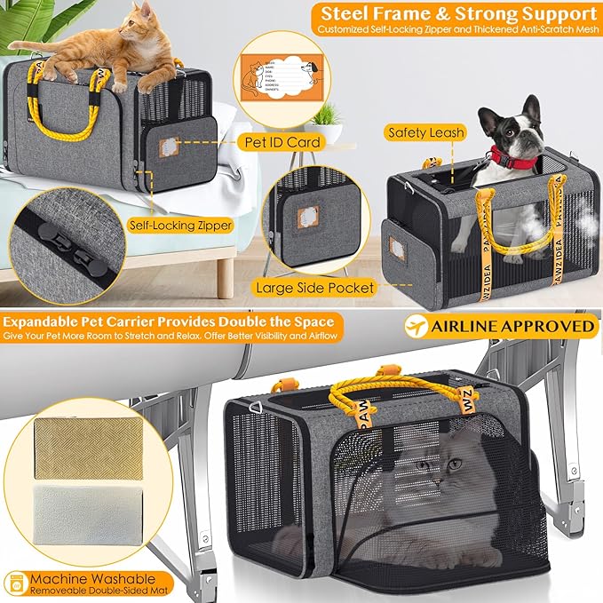 PAWZIDEA Double Pet Stroller for 2 Cats Dogs Small & Medium, TSA Airline Approved Cat Carrier Expandable, Cat Stroller with Removable Carrier Bag, 2 Dog Stroller Detachable Carrier, Travel Car Seat