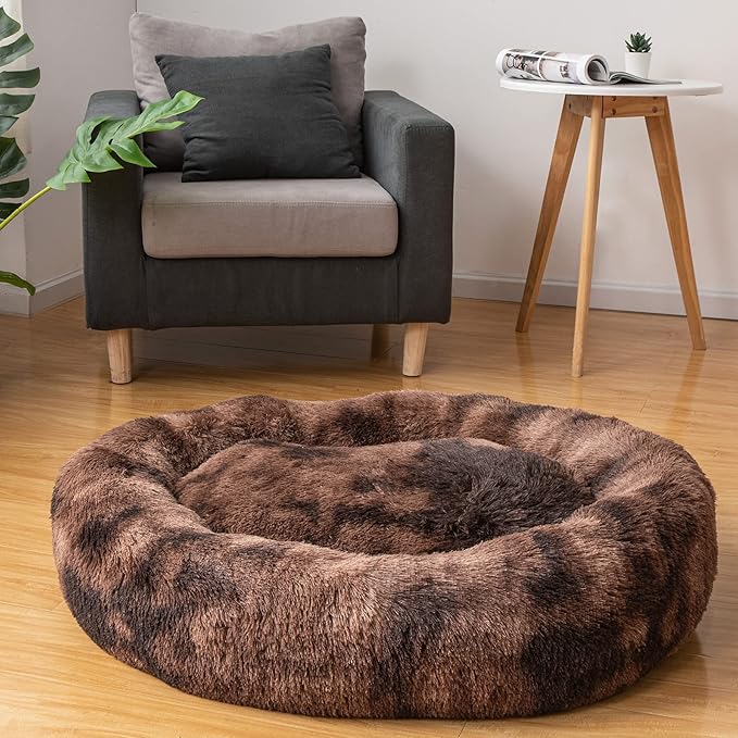 Oval Calming Donut Cuddler Dog Bed Bed(30"/36"/43") for (L(30"x24"x7"), Brown2021)
