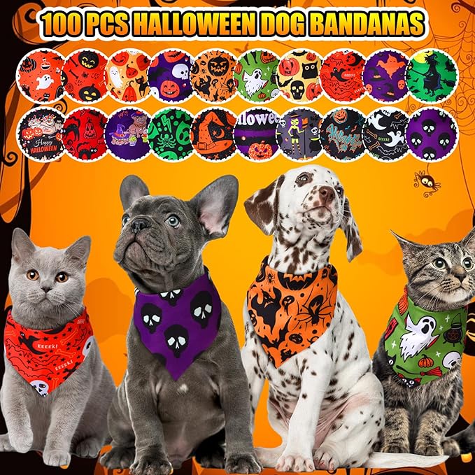 100 Pcs Halloween Dog Bandanas Bulk Pumpkin Black