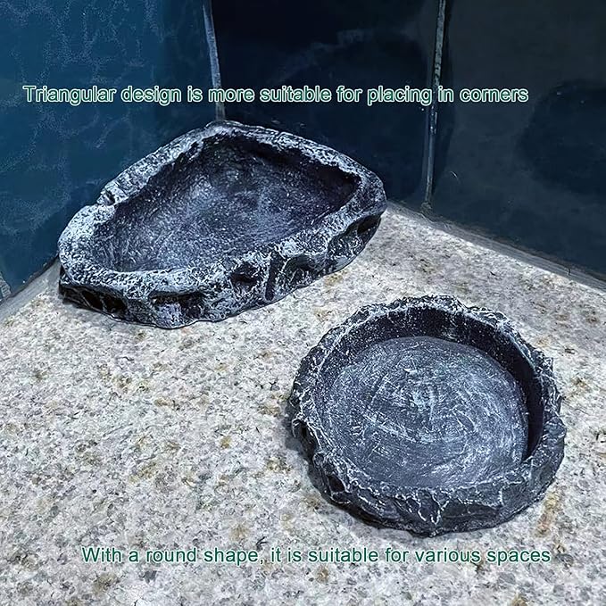 2 Pack Reptile Water Dish - Reptile Water and Food Bowls with Tongs Imitating Natural Rock，Breadworm Feeding for Leopard Gecko Lizard Spider Scorpion Chameleon (2Pcs Square+Round)